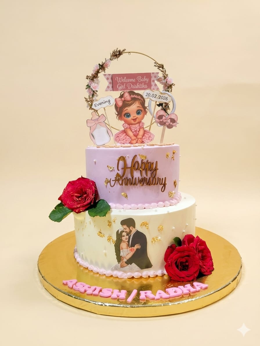 Anniversary and Baby Welcome Theme Cake with Floral Decorations and Custom Couple Design | Celebration Cakes in Noida | Cakes by Pams