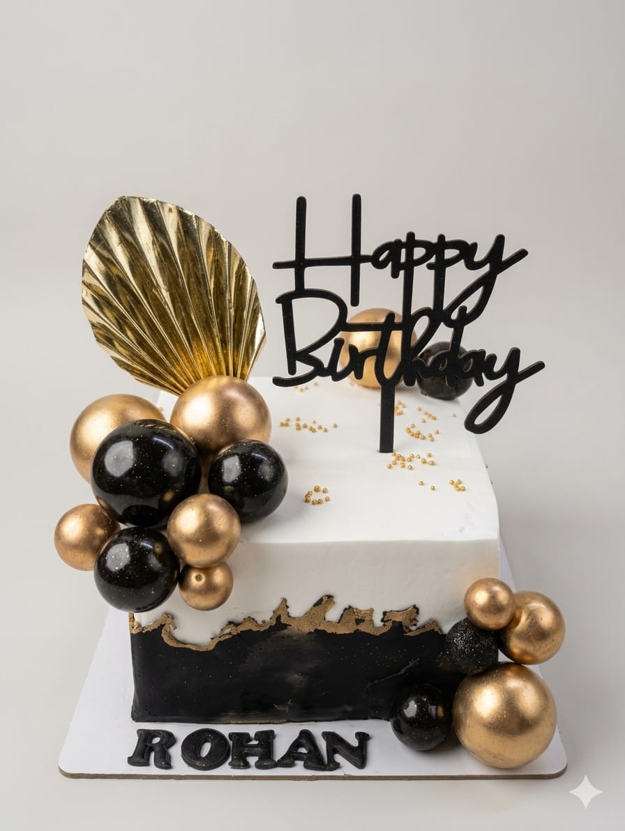 Black and Gold Square Birthday Cake with Metallic Balloon Design | Luxury Birthday Cake in Noida | Cakes by Pams
