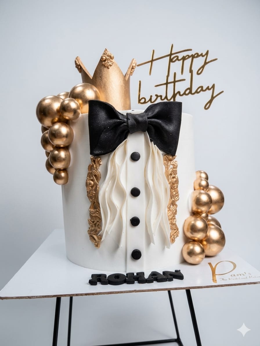 Elegant Bow Tie Birthday Cake with Gold Crown and Black Bow Design | Luxury Birthday Cakes in Noida | Cakes by Pams