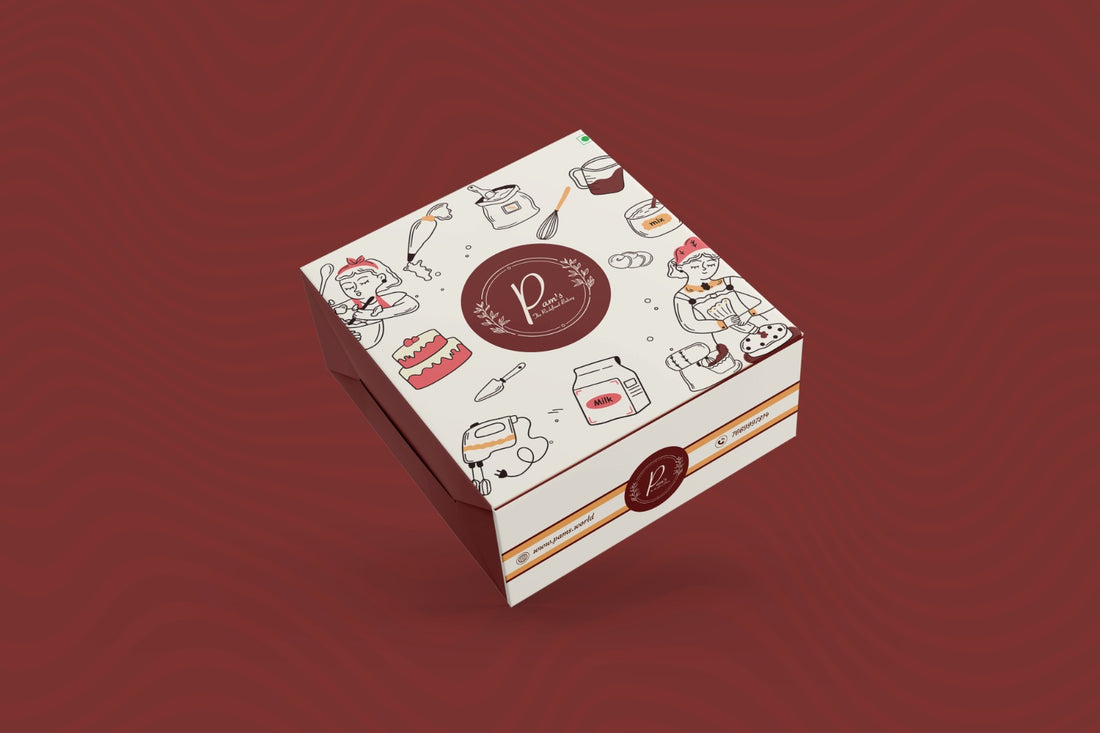 Custom Cakes by Pams Bakery Packaging Box with Cake Baking Illustrations | Premium Cake Delivery in Noida