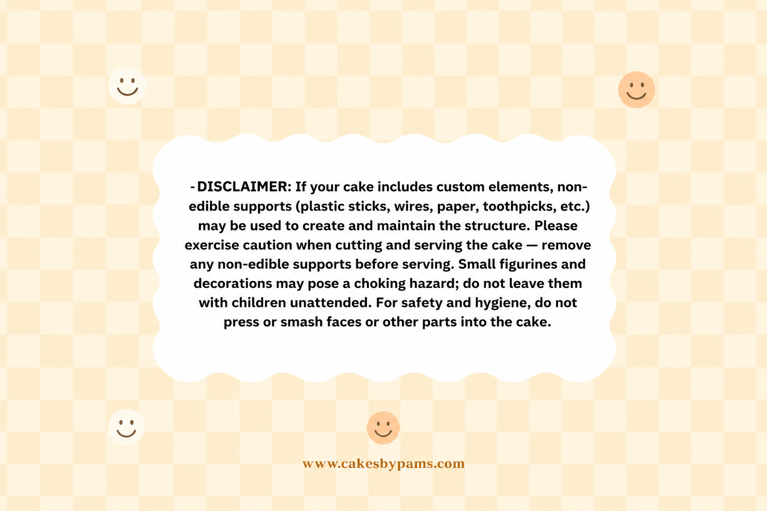 Cake Safety Disclaimer Card with Serving Instructions and Non-Edible Decoration Warning | Cakes by Pams Noida