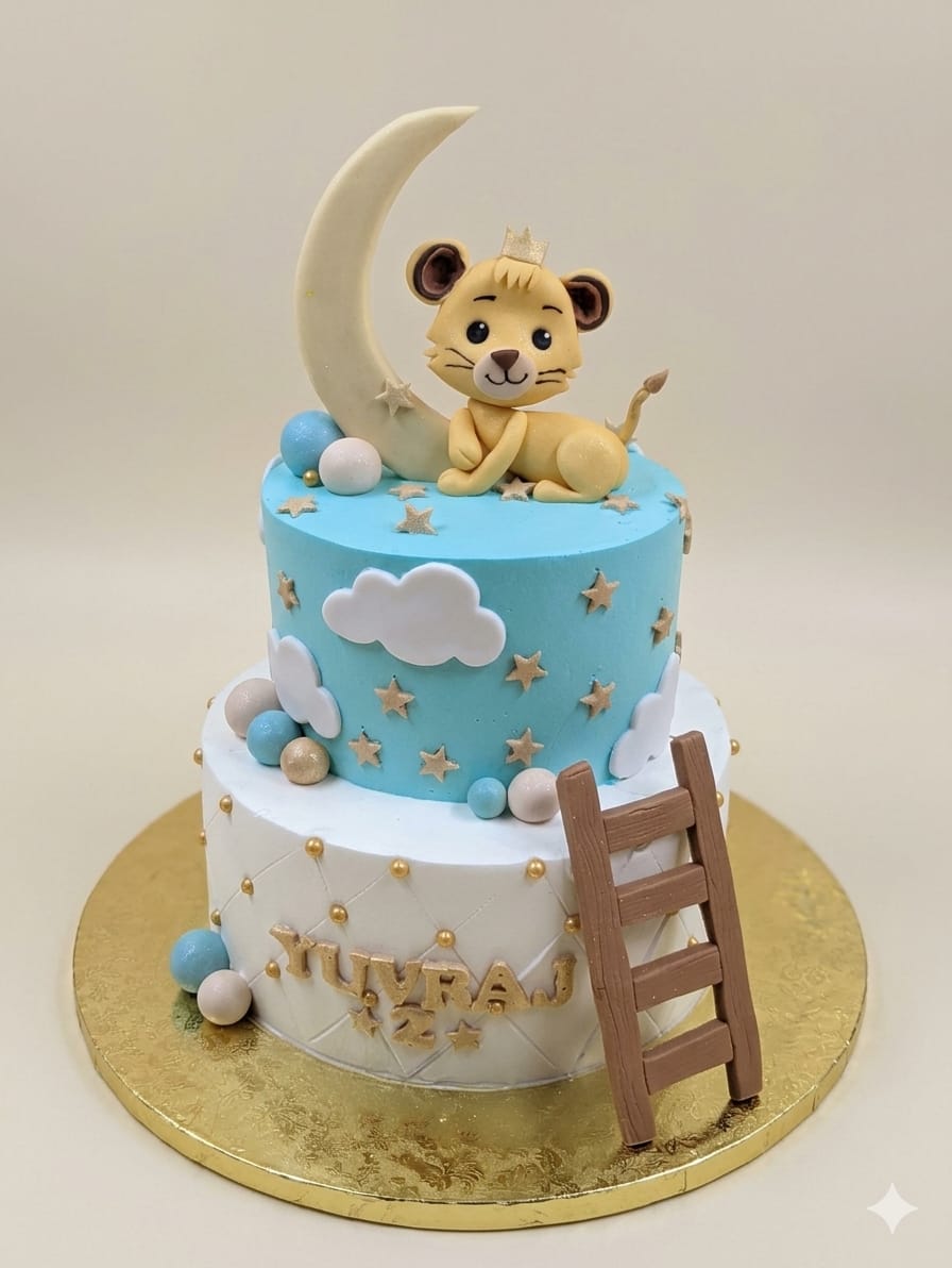 Cloud and Cub Theme 2nd Birthday Cake with Baby Lion, Moon and Stars Design | Kids Birthday Cakes in Noida | Cakes by Pams