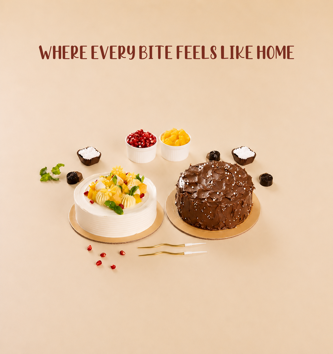 Fresh eggless cakes at Pam's Bakery, Sector 75 Noida, featuring premium chocolate cake and fruit-topped celebration cake, handcrafted for birthdays, special occasions and online cake delivery.