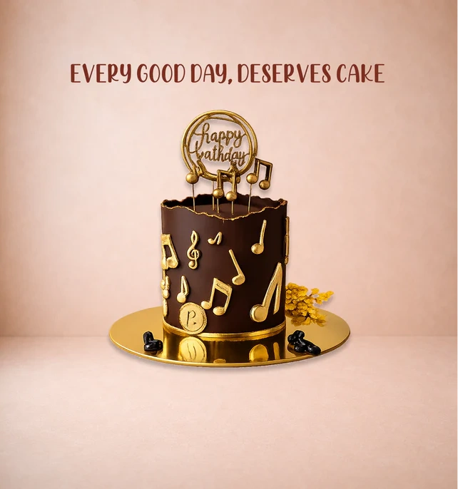 Eggless music theme birthday cake at Pam's Bakery, Sector 75 Noida, featuring elegant gold musical notes, chocolate finish . Perfect for music lovers and special celebrations.
