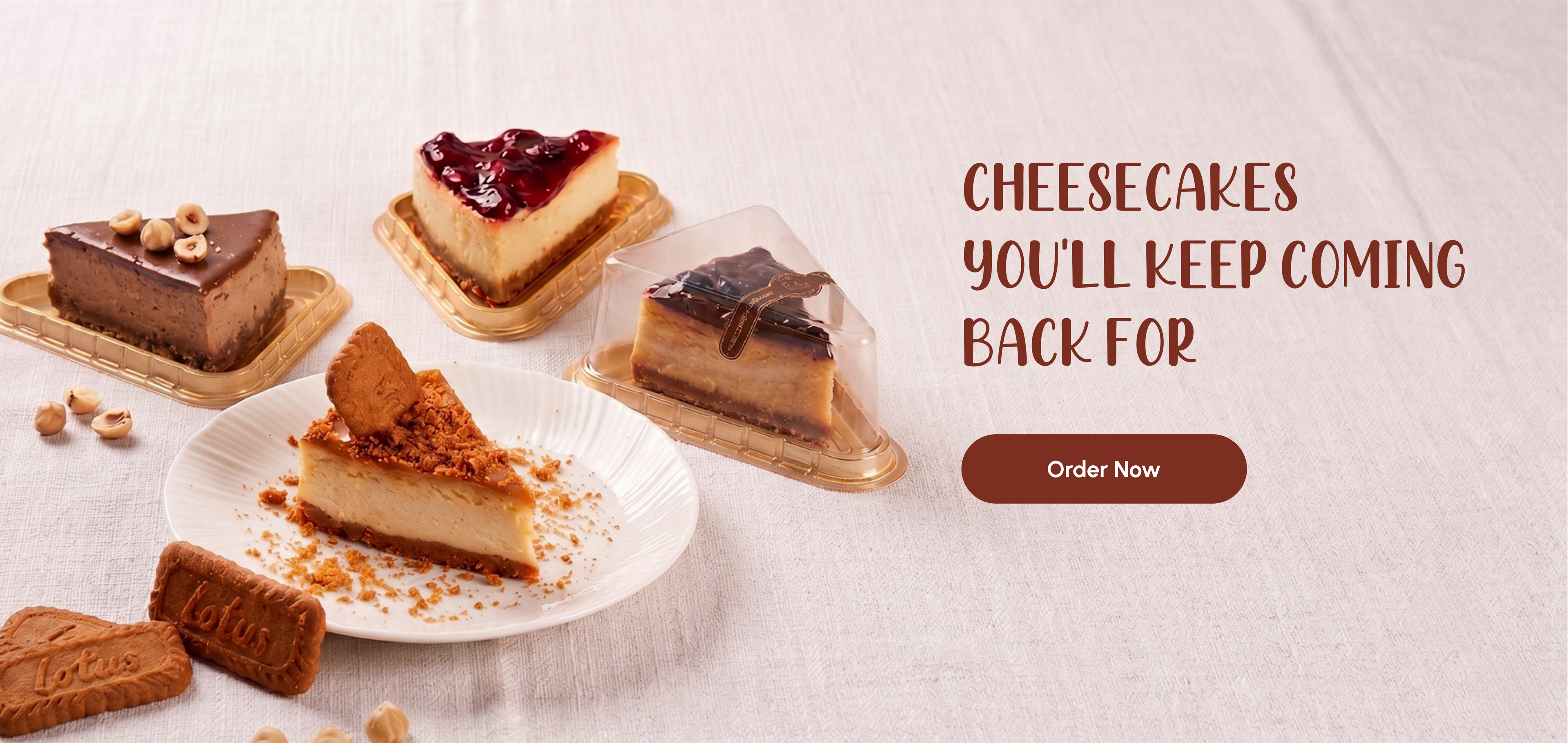 Eggless cheesecake assortment at Pam's Bakery, Sector 75 Noida, featuring creamy cheesecake slices with chocolate, caramel and Lotus Biscoff toppings, freshly baked for dessert lovers and special celebrations.