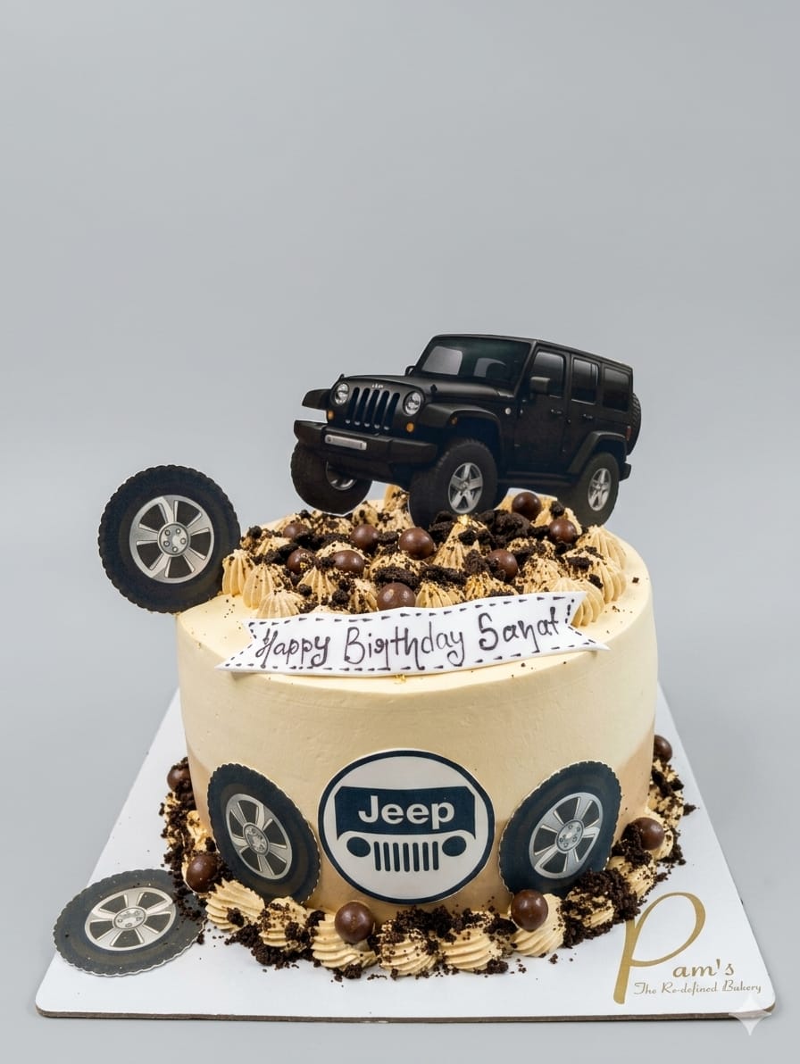 Jeep Theme Birthday Cake with SUV Topper and Chocolate Crumble Design | Custom Birthday Cakes in Noida | Cakes by Pams