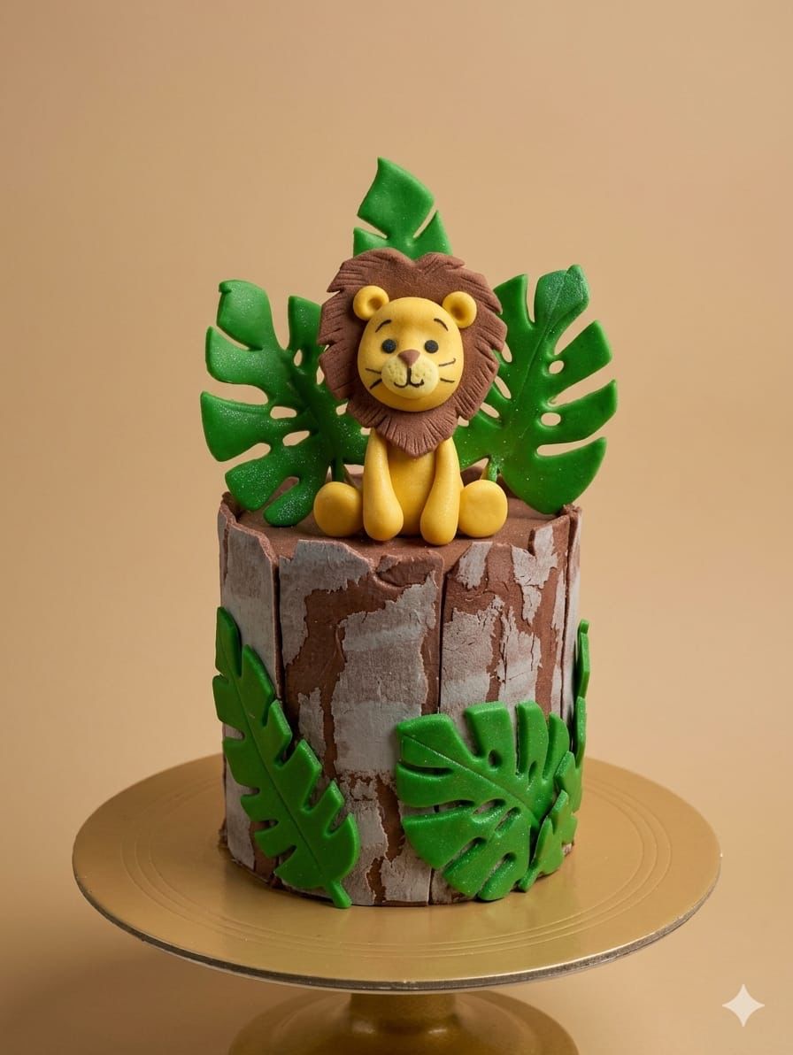 Jungle Lion Theme Birthday Cake with Cute Lion Topper and Tropical Leaves | Kids Birthday Cakes in Noida | Cakes by Pams