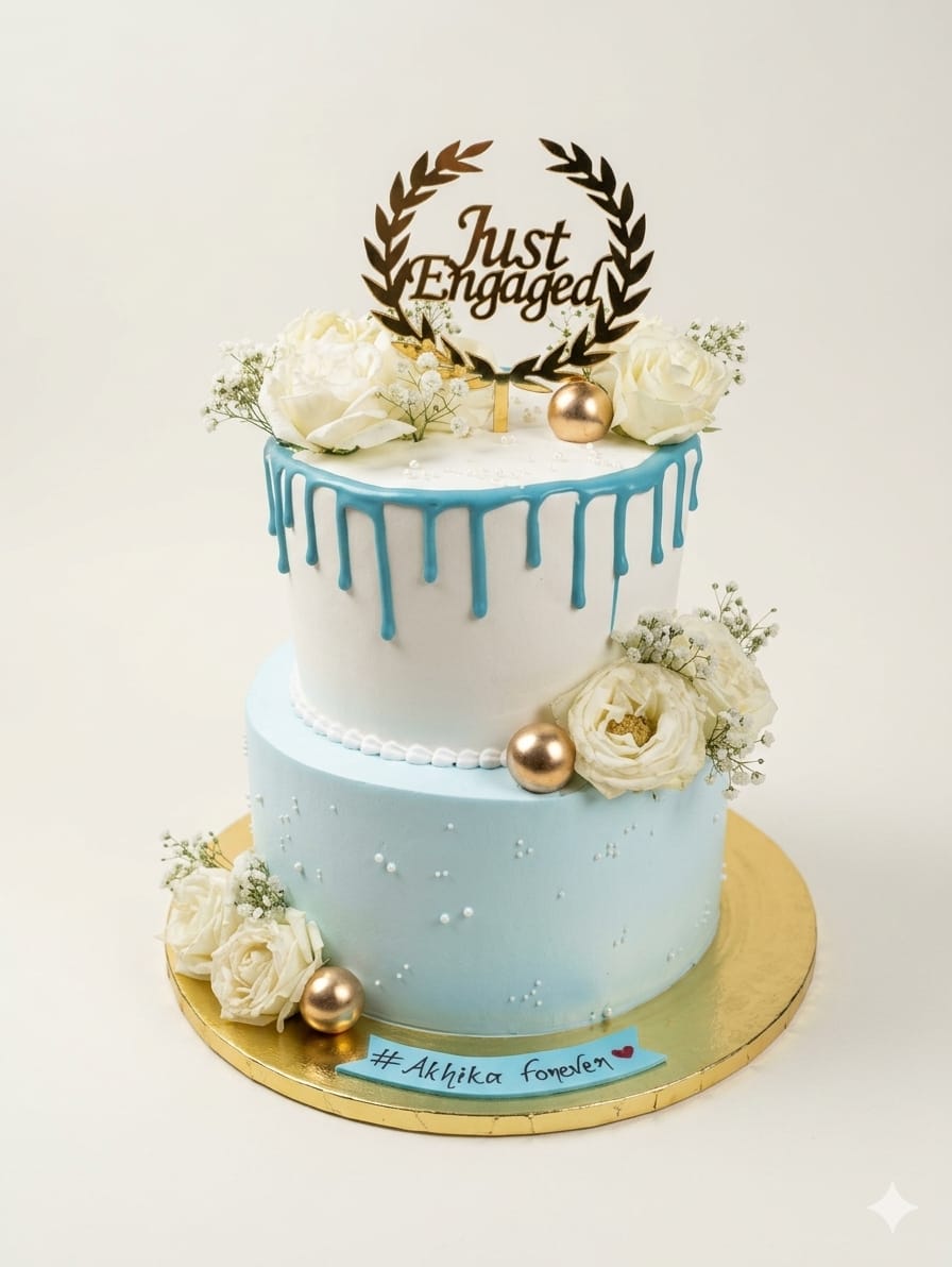 Just Engaged Cake with Blue Drip Design and White Floral Decoration | Engagement Cakes in Noida | Cakes by Pams