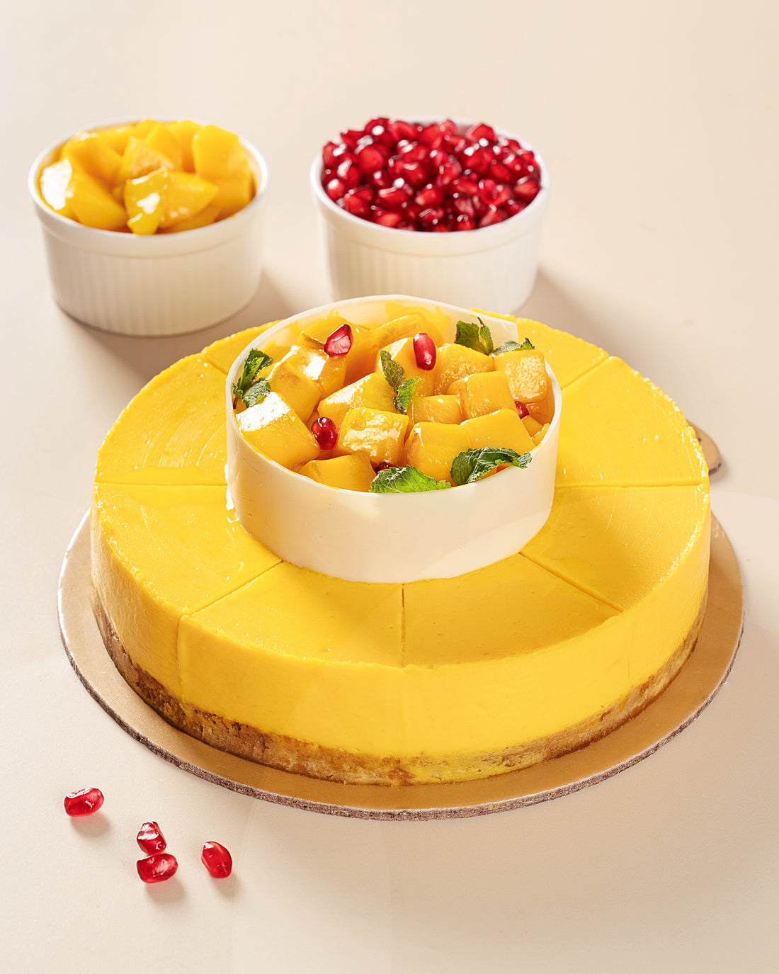 Mango Cheesecake with Fresh Mango Chunks and Pomegranate Topping | Premium Cheesecakes in Noida | Cakes by Pams