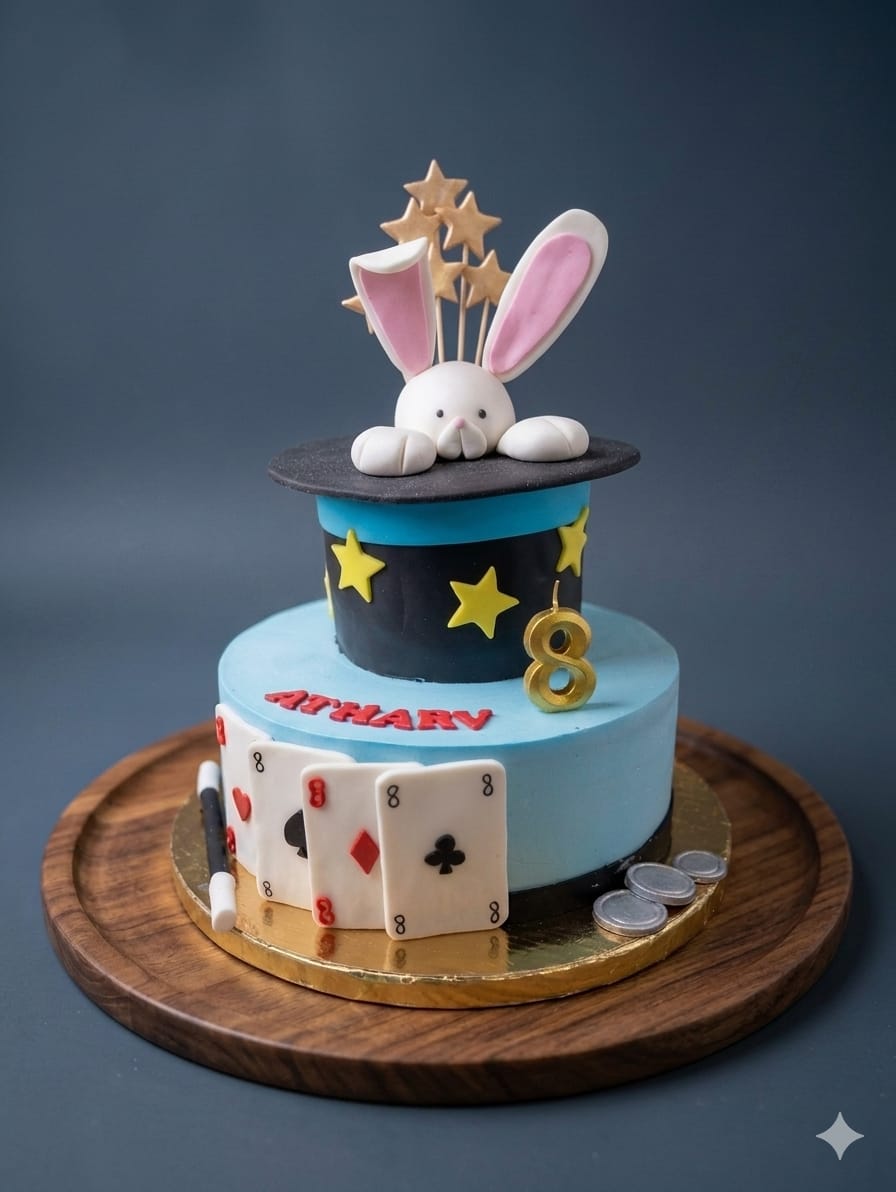 Rabbit in a Hat Magic Theme Birthday Cake for 8th Birthday Celebration | Custom Kids Cakes in Noida | Cakes by Pams