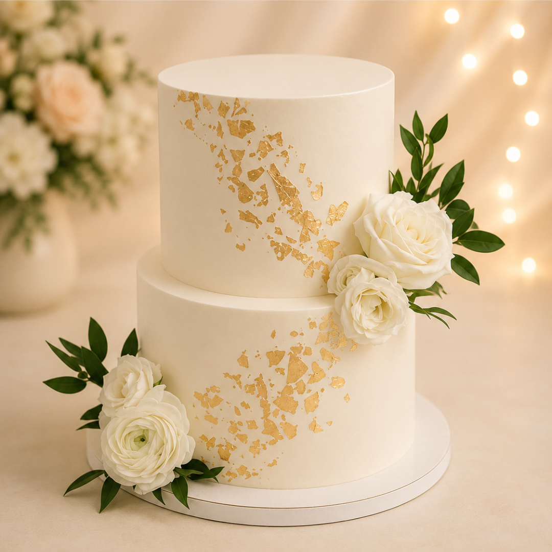 Elegant White & Gold Floral Wedding Cake