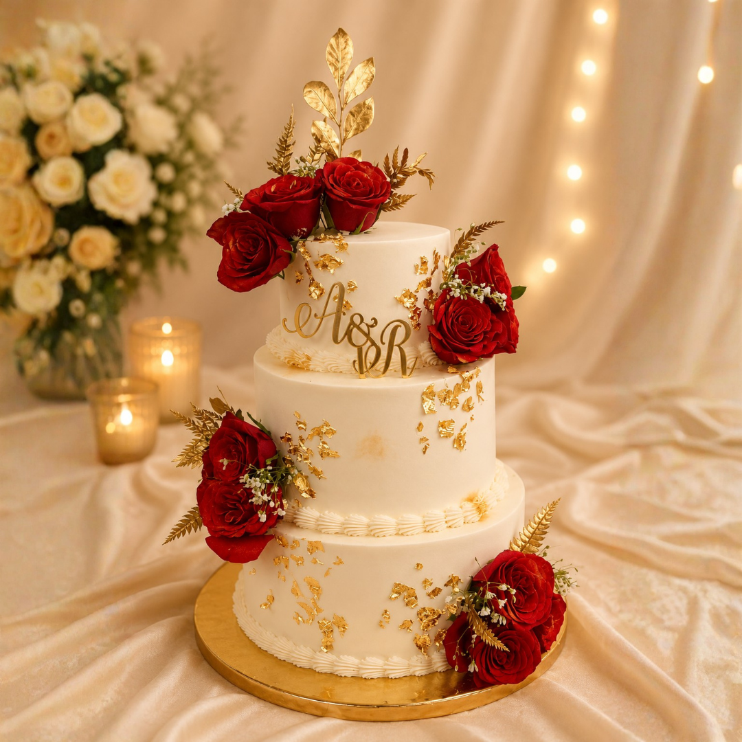 Eggless Red Rose & Gold Luxury Wedding Cake
