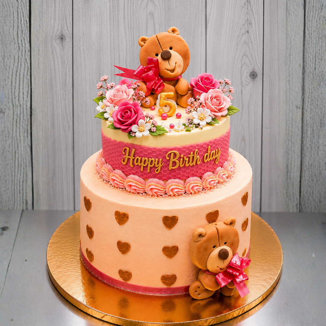 Teddy Bear Floral Birthday Cake