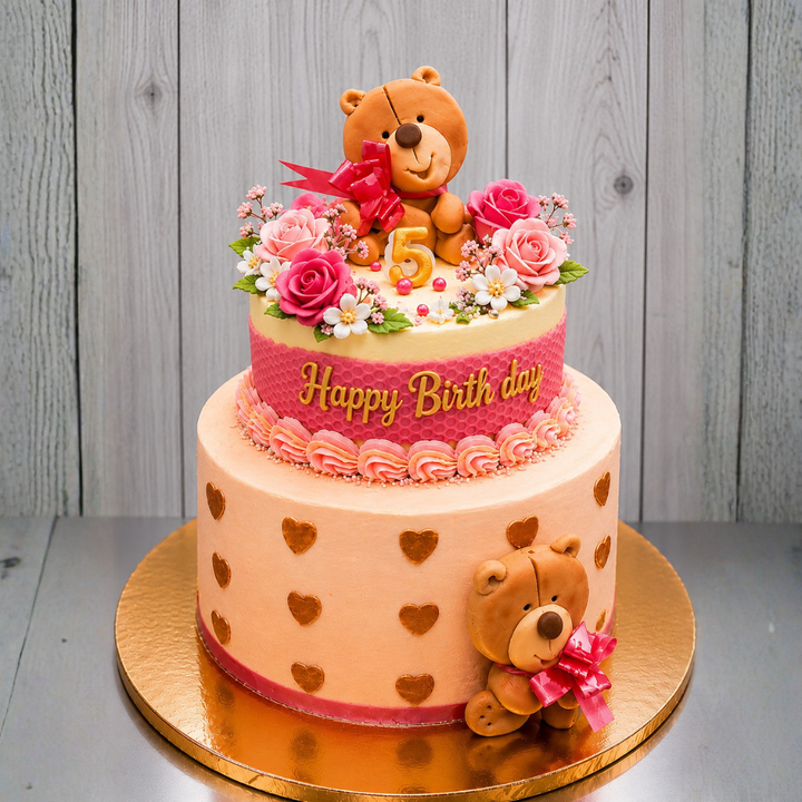 Teddy Bear Floral Birthday Cake