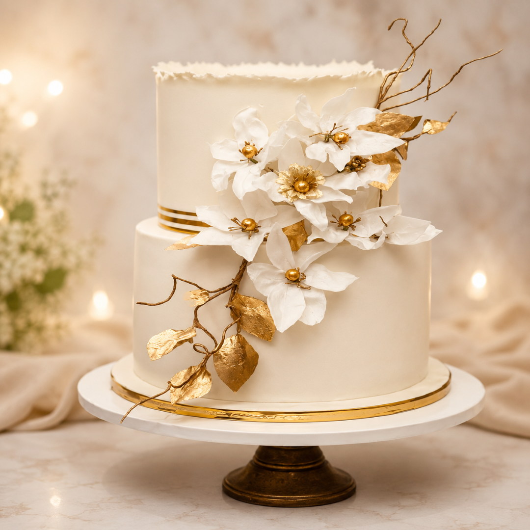 Elegant White & Gold Floral Wedding Cake