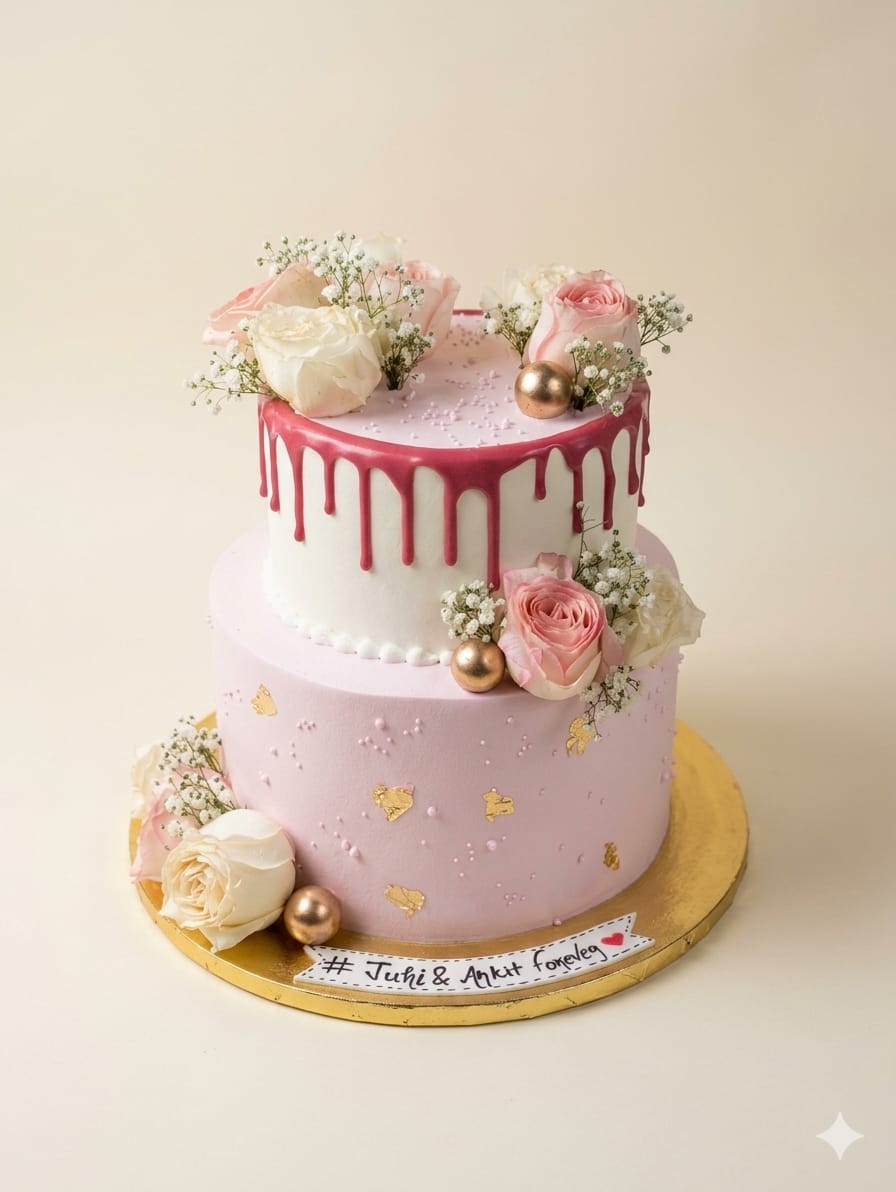 Eggless two tier romantic anniversary cake with soft pink fondant, gold leaf detailing, deep pink drip, fresh roses, baby's breath and personalised couple name tag  ,custom wedding and anniversary cake available to order online at Pam's Bakery, Sector 75, Spectrum Metro Mall, Noida