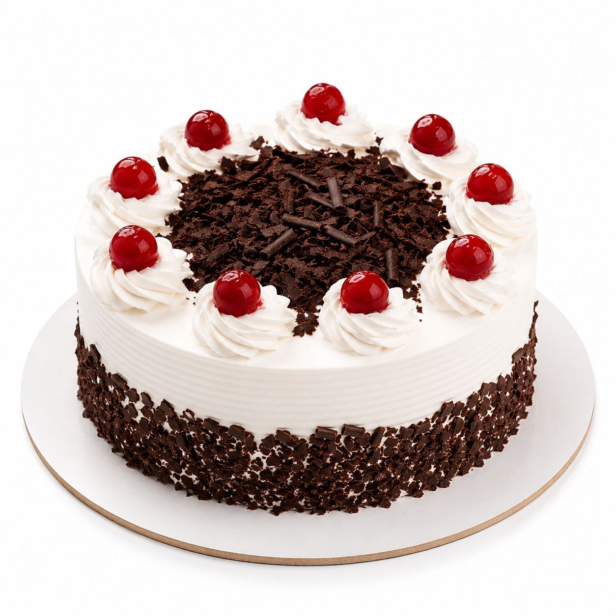 Black Forest Cake
Eggless Black Forest cake with smooth white cream finish, dark chocolate shaving border, piped whipped cream rosettes and glossy red cherries on top , freshly baked and available to order online at Pam's Bakery, Sector 75, Spectrum Metro Mall, Noida