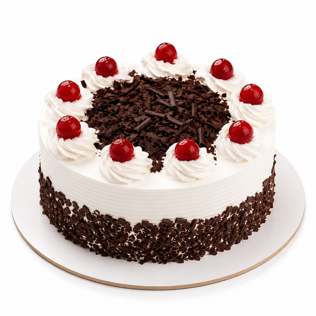 Black Forest Cake
Eggless Black Forest cake with smooth white cream finish, dark chocolate shaving border, piped whipped cream rosettes and glossy red cherries on top , freshly baked and available to order online at Pam's Bakery, Sector 75, Spectrum Metro Mall, Noida