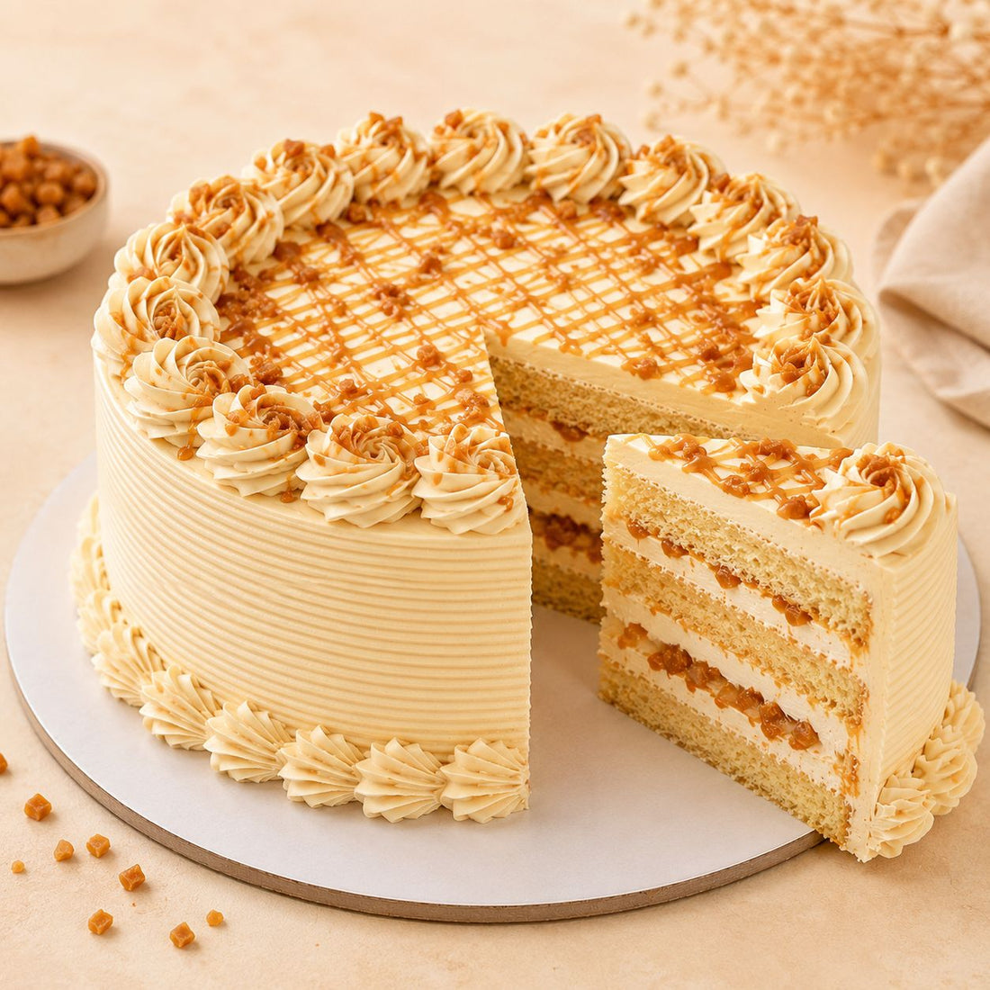 Butterscotch Cake
Eggless butterscotch cake with smooth ridged cream finish, piped caramel rosette border, golden caramel drizzle grid, crunchy butterscotch bits and soft sponge layers with caramel filling visible in sliced view ,freshly baked and available to order online at Pam's Bakery, Sector 75, Spectrum Metro Mall, Noida
