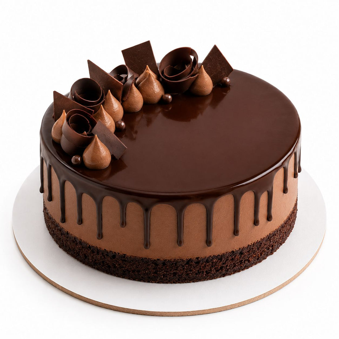 Eggless classic chocolate cake with smooth ridged buttercream finish, piped chocolate rosettes, chocolate chip sprinkles and star border.Freshly baked and available to order online at Pam's Bakery, Sector 75, Spectrum Metro Mall, Noida
