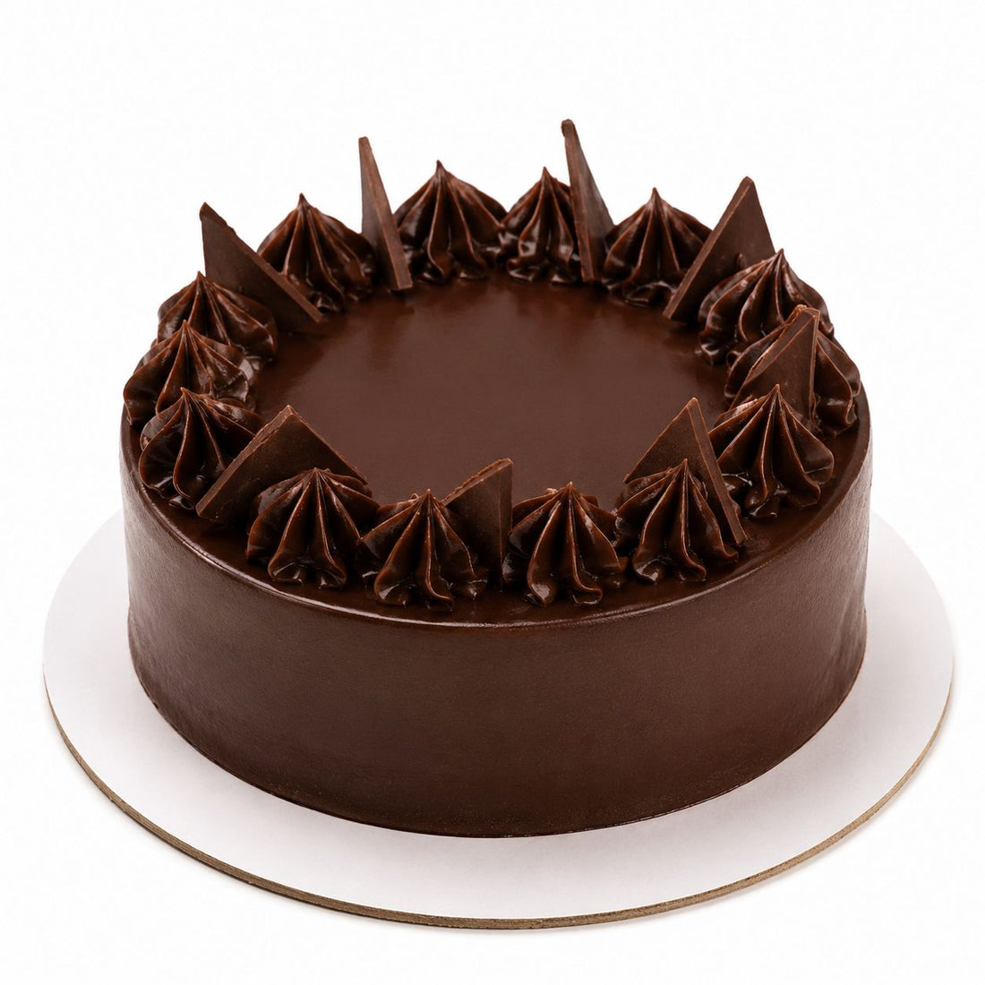 Eggless classic chocolate cake with smooth ridged buttercream finish, piped chocolate rosettes, chocolate chip sprinkles and star border.Freshly baked and available to order online at Pam's Bakery, Sector 75, Spectrum Metro Mall, Noida
