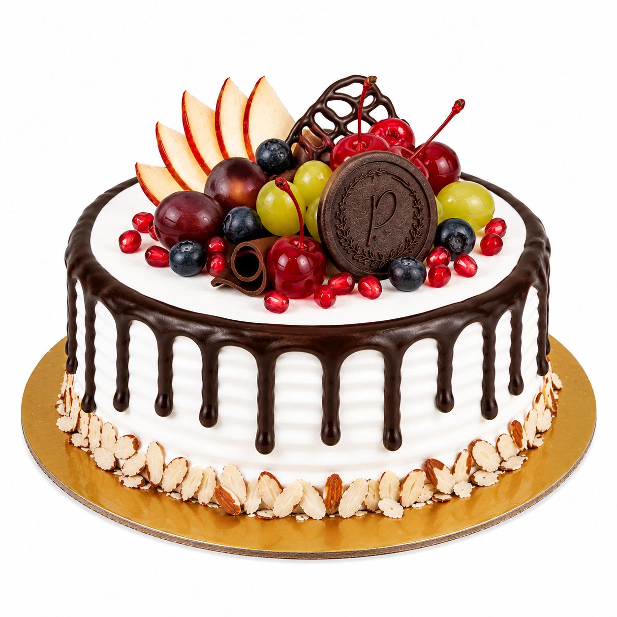 
Eggless fresh fruit cake with white cream finish, dark chocolate drip, mixed fresh fruits including cherries, grapes, blueberries, apple slices and pomegranate, chocolate medallion topper and almond border freshly baked and available to order online at Pam's Bakery, Sector 75, Spectrum Metro Mall, Noida