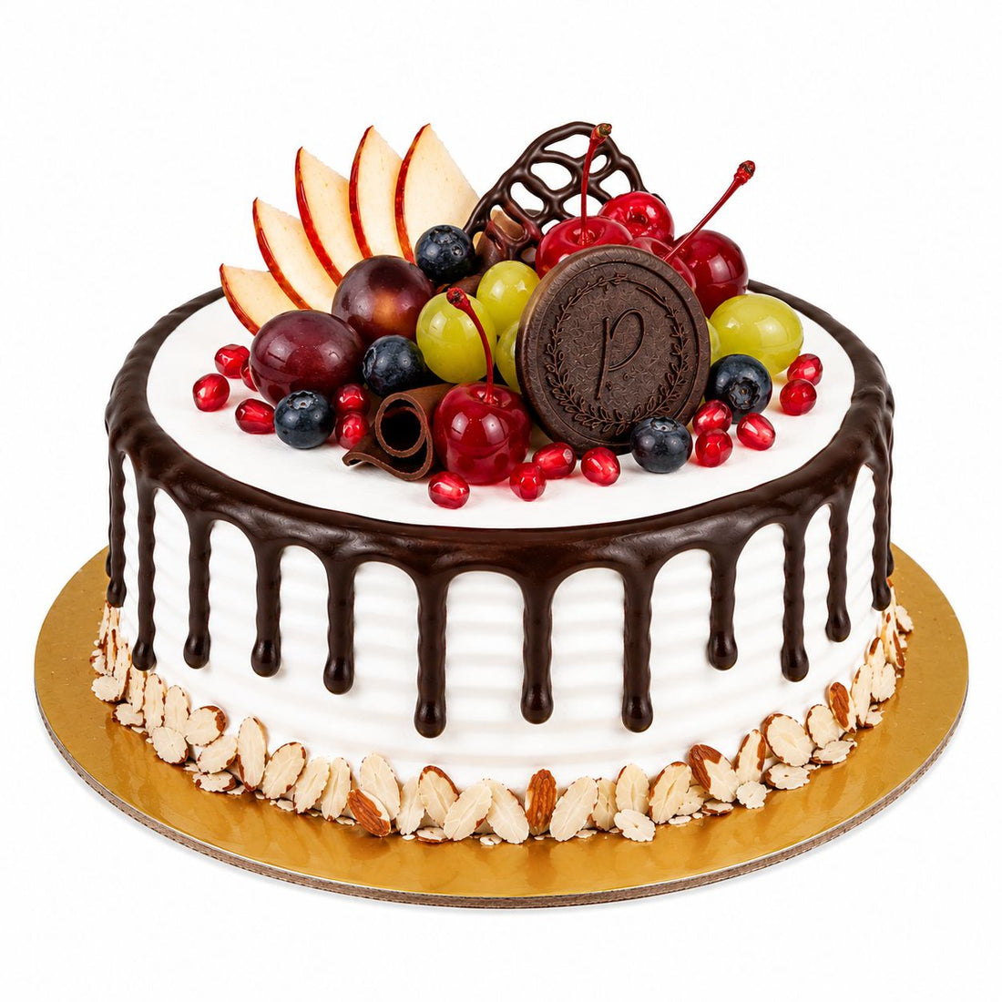 
Eggless fresh fruit cake with white cream finish, dark chocolate drip, mixed fresh fruits including cherries, grapes, blueberries, apple slices and pomegranate, chocolate medallion topper and almond border freshly baked and available to order online at Pam's Bakery, Sector 75, Spectrum Metro Mall, Noida