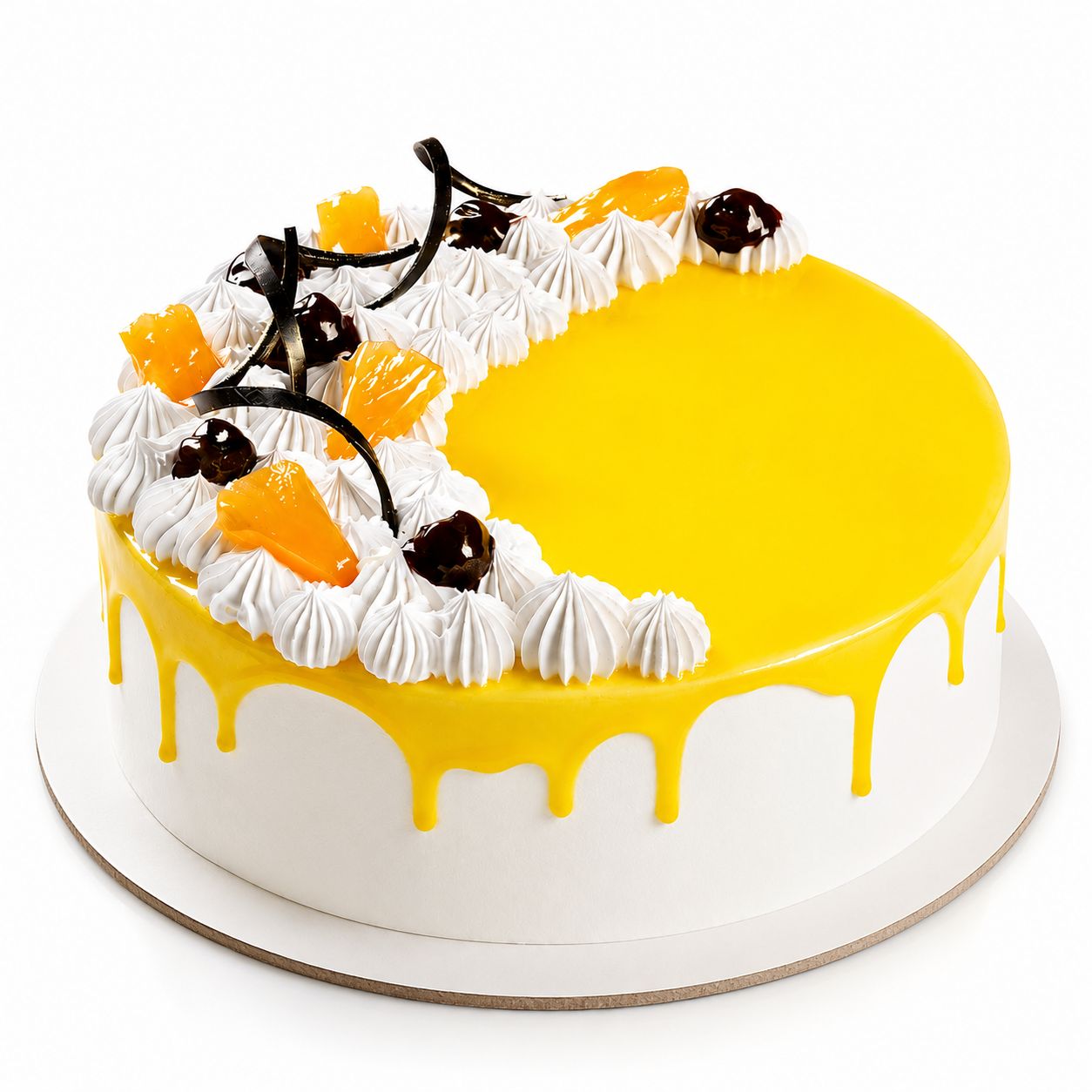 Mango Cake
Eggless mango cake with smooth white cream finish, glossy yellow mango glaze drip, piped cream rosettes, fresh mango pieces, dark cherries and chocolate curl decorations , 
freshly baked and available to order online at Pam's Bakery, Sector 75, Spectrum Metro Mall, Noida
