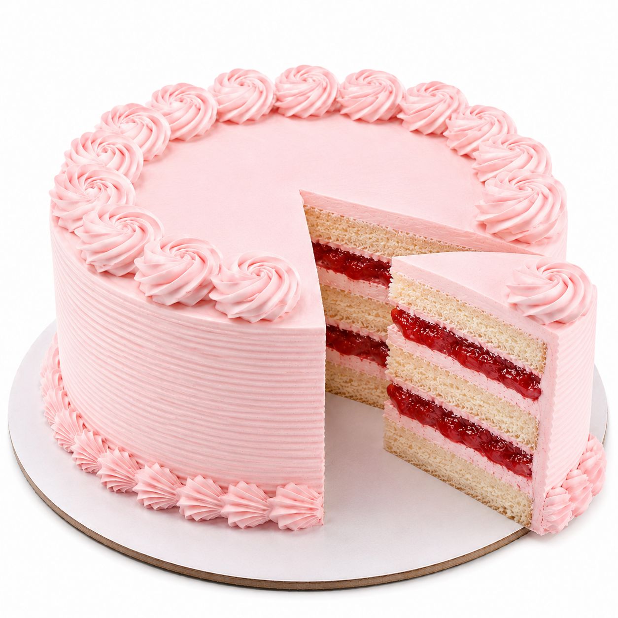 Strawberry Cake
Eggless strawberry cake with soft pink ridged buttercream finish, piped rosette border, strawberry jam filling between layers visible in sliced view . freshly baked and available to order online at Pam's Bakery, Sector 75, Spectrum Metro Mall, Noida
