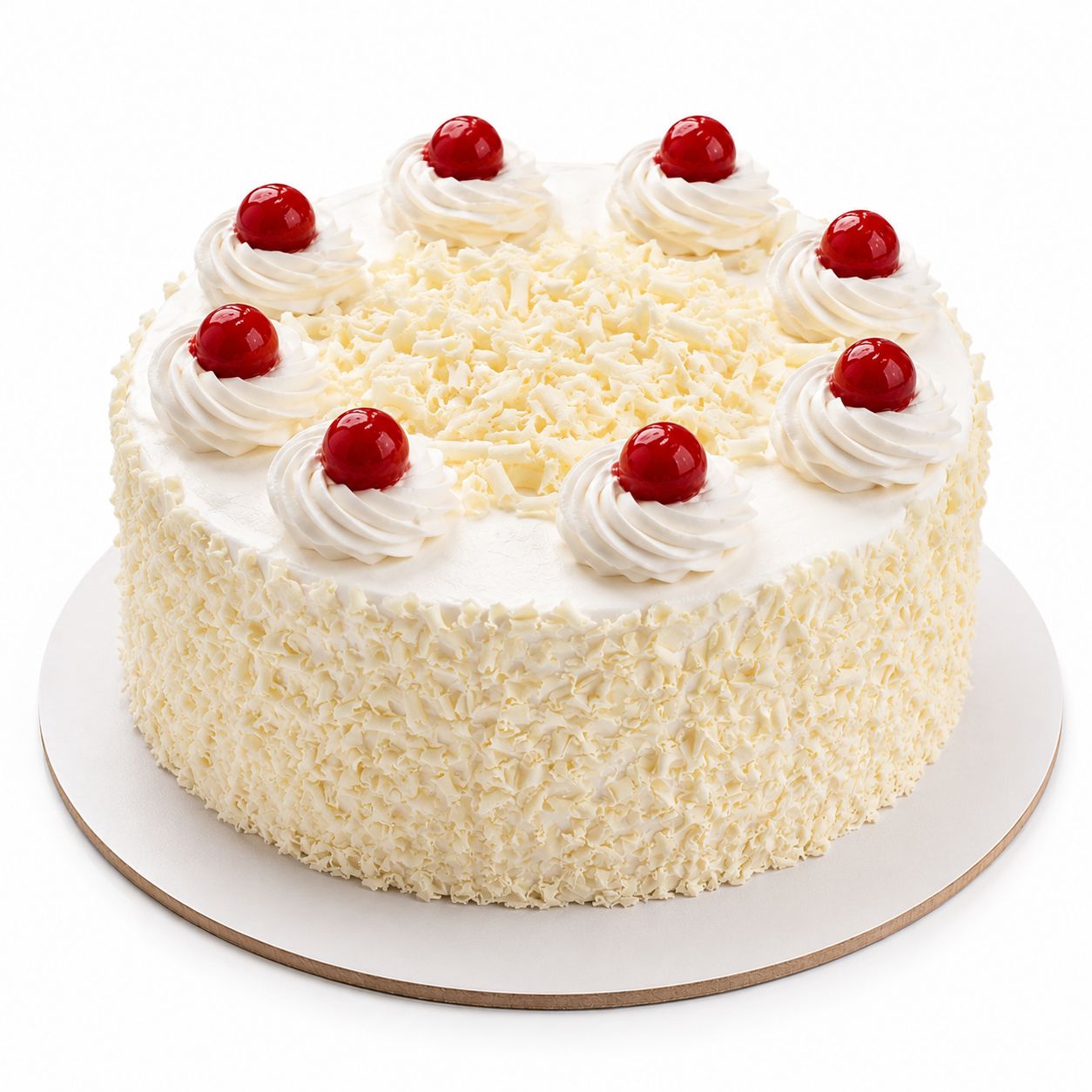 White Forest Cake
Eggless white forest cake with white chocolate shaving finish on sides and top, piped cream rosettes and glossy red cherries .freshly baked and available to order online at Pam's Bakery, Sector 75, Spectrum Metro Mall, Noida