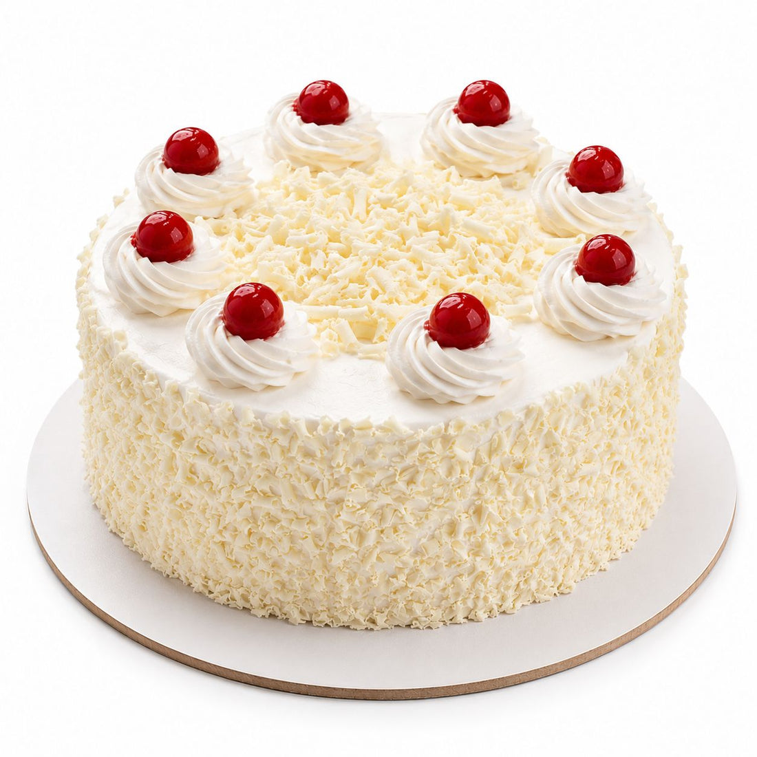 White Forest Cake
Eggless white forest cake with white chocolate shaving finish on sides and top, piped cream rosettes and glossy red cherries .freshly baked and available to order online at Pam's Bakery, Sector 75, Spectrum Metro Mall, Noida