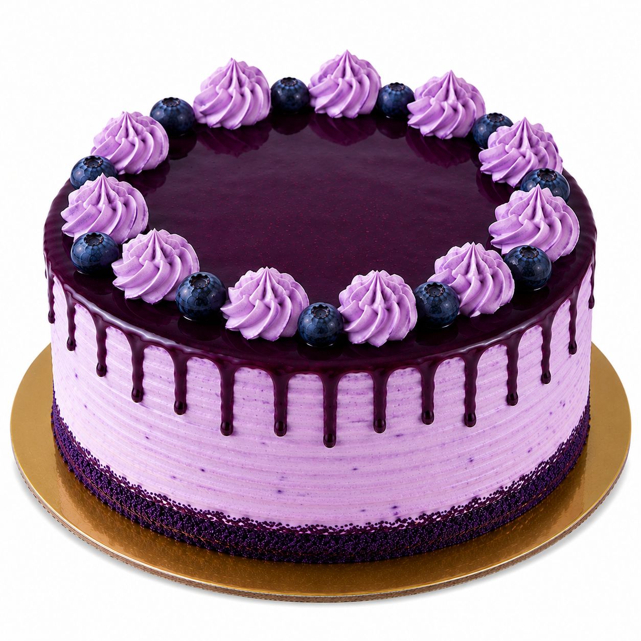Blueberry Cake
Eggless blueberry cake with soft purple ridged cream finish, deep blueberry glaze drip, piped lavender rosettes and fresh blueberries on top ,  freshly baked and available to order online at Pam's Bakery, Sector 75, Spectrum Metro Mall, Noida
