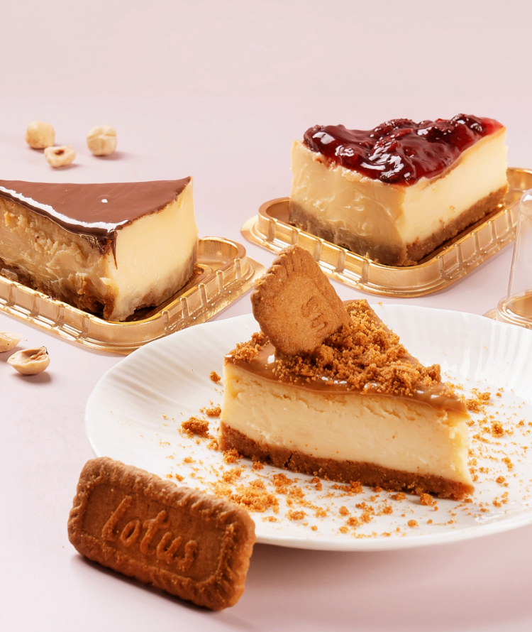 Eggless cheesecake slices in three flavor's Lotus Biscoff, chocolate hazelnut and berry compote with a golden biscuit base, freshly baked and available to order online at Pam's Bakery, Sector 75, Spectrum Metro Mall, Noida
