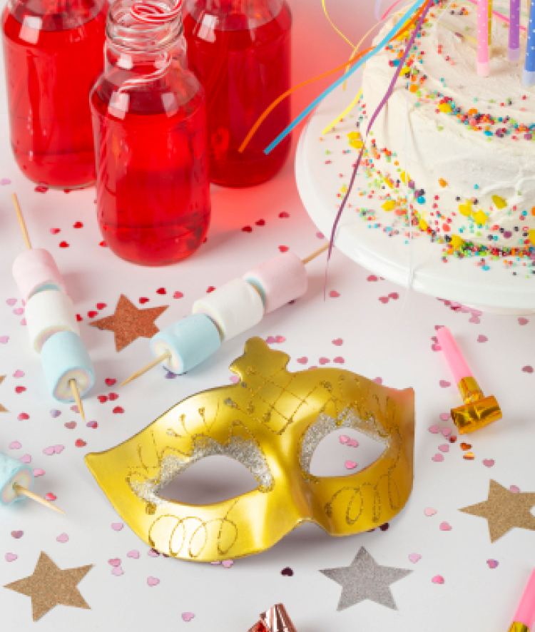 Premium birthday party accessories at Pam's Bakery, Sector 75 Noida, featuring festive party hats, decorative masks and celebration decor for birthdays, themed parties and special occasions