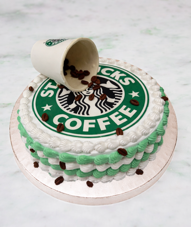 Eggless Starbucks theme custom birthday cake with 3D coffee cup topper by Pam's Bakery Noida